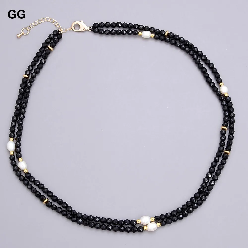 G-G 2 Rows Natural Cultured White Freshwater Pearl Faceted Round Black Onyx Choker Necklace 17