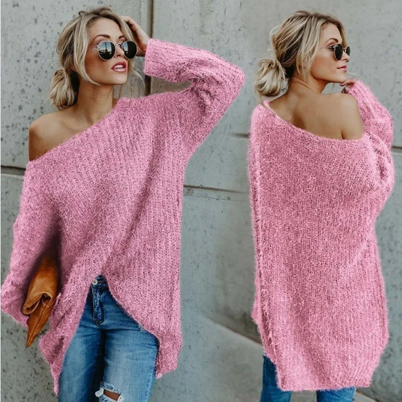 Women Sexy Off Shoulder Black Pink Oversized Sweaters Long Sleeve Casual Loose Solid Plush Sweaters Female Jumpers Pullover Tops