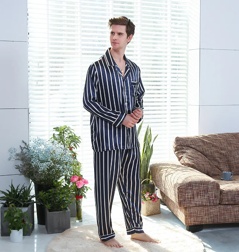 Navy-Blue Striped Nightgown Men Pajama Set Nightwear Sleepwear Home Suit 2PCS Pyjamas Male пижама для мужчин