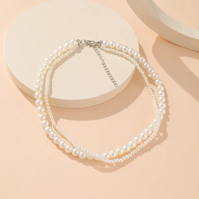 Fashion Choker Necklace Women Simulated Pearl Chunky Jewelry Double Layer Beads Collar Necklaces For Women