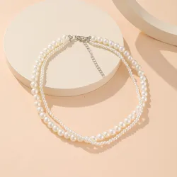 Fashion Choker Necklace Women Simulated Pearl Chunky Jewelry Double Layer Beads Collar Necklaces For Women