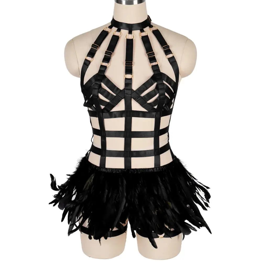 

Black Set Harajuku Feather Goth Body Cage Lingerie Belts Elastic Top Hollow Out Suspender Skirt Festival Dance Women Harness Bra