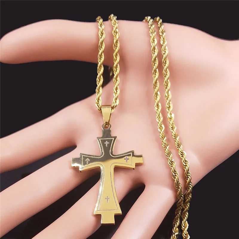 Religion Christian Cross Stainless Steel Gold Color Big Long Statement Necklace Women/Men Necklace Jewelry bijou femme 3572