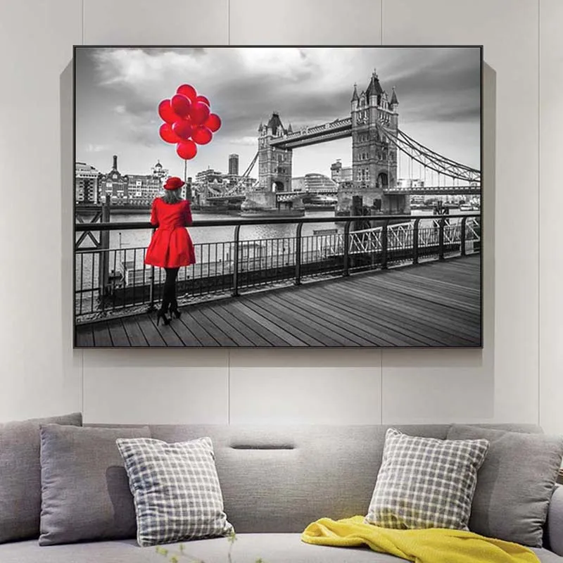 

Black And Red London Bridge Modern Oil Painting on Canvas Cuadros Posters and Prints Scandinavian Wall Picture for Living Room