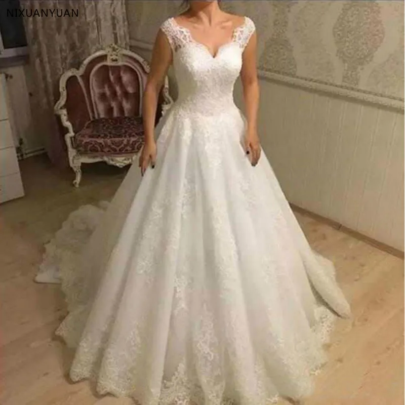 Vestidos De Novia Elegant A-Line Appliques Wedding Dresses V Neck Backless with Lace Up for Bridal Customized Tulle Bridal Gowns