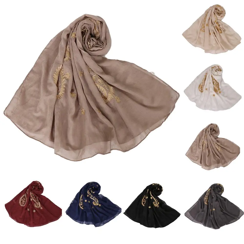 

180*90cm Women Long Scarf Muslim Embroidery Soft Cotton Hijab Islamic Shawl Wrap Headscarf Large Pashmina Cape Stole Fashion New