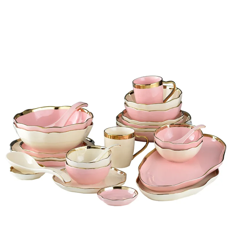 1pc Pink Marble Ceramic Dinner Dish Plate Rice Noodles Salad  Bowl Soup Plates fruit Dinnerware Sets Home Tableware Kitchen Cook