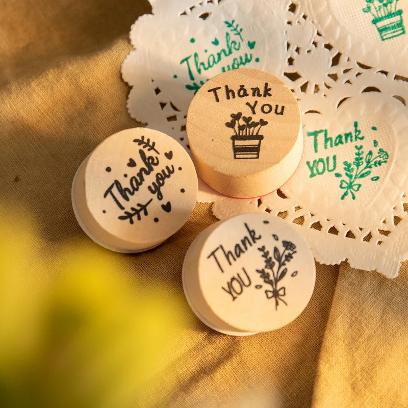 6pcs Thank You Wood Rubber Stamps Round Wooden Stamp DIY Craft Scrapbooking Stamping Birthday Party Christmas Wedding Decoration