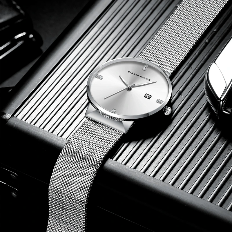 Hannah Martin Fashion Blue Black Gradient Men Watch Diamond Business Waterproof Calendar Wristwatch Japanese Movement Quartz