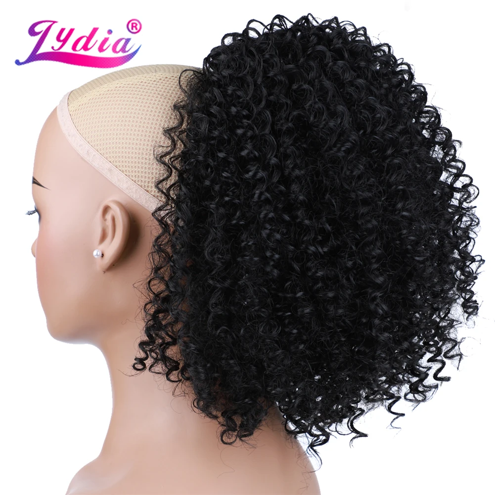 Lydia-extensiones de cabello Afro rizado sintético con dos peines de plástico, Puff cola de caballo, Clips en postizo para afroamericano, 18\