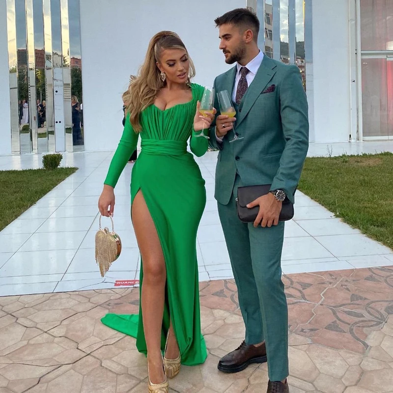 Thinyfull abiti da sera Sexy da ballo abito da festa a maniche lunghe verde 2021 abiti da Cocktail a sirena con spacco alto Arabia saudita taglie forti