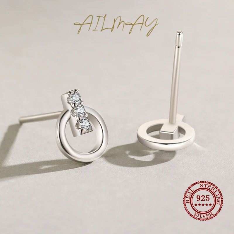 Ailmay Fashion Irregular Geometric Stud Earrings For Women Authentic 925 Sterling Silver Simple Geometric Fine CZ Jewelry