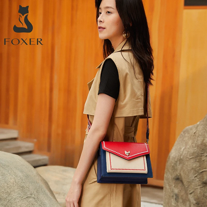 FOXER Brand Women Messenger Crossbody Bag Lady Colorful Panelled Flap Designer Shoulder Bag Fashion Split Leather Bag For Female