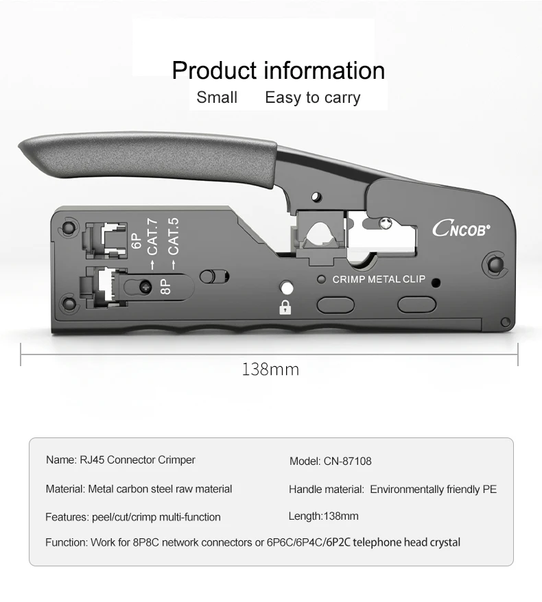 Cncob RJ45 RJ12 Crimp Tool Gemakkelijk Druk Ethernet Kabel Krimptang Wire Cutter Spiler Crimper Voor Cat8 Cat6 Cat7 Cat6a connector