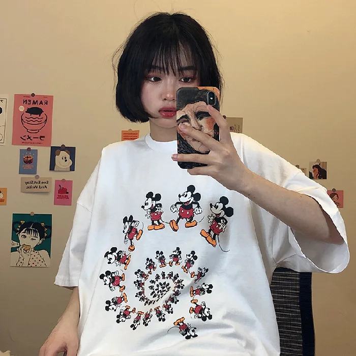 Cartoon Cotton Summer Mickey Mouse Loose Mid-length Women T-shirt Harajuku Shirt Korean Clothes white Womens Clothing Short