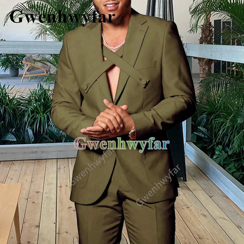 

Gwenhwyfar New Unique Design Wedding Suit Jacket, Business Men's Khaki Green Suit, Men's Tuxedo, Groom Prom Slim Fit 2 pieces