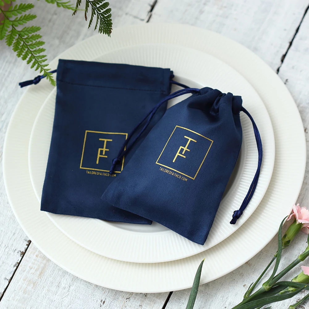 Flannel Jewelry Pouches Custom Logo Size Navy Blue Velvet Drawstring Earrings Packaging Organizer Gift Bag for Wedding Bulk 100