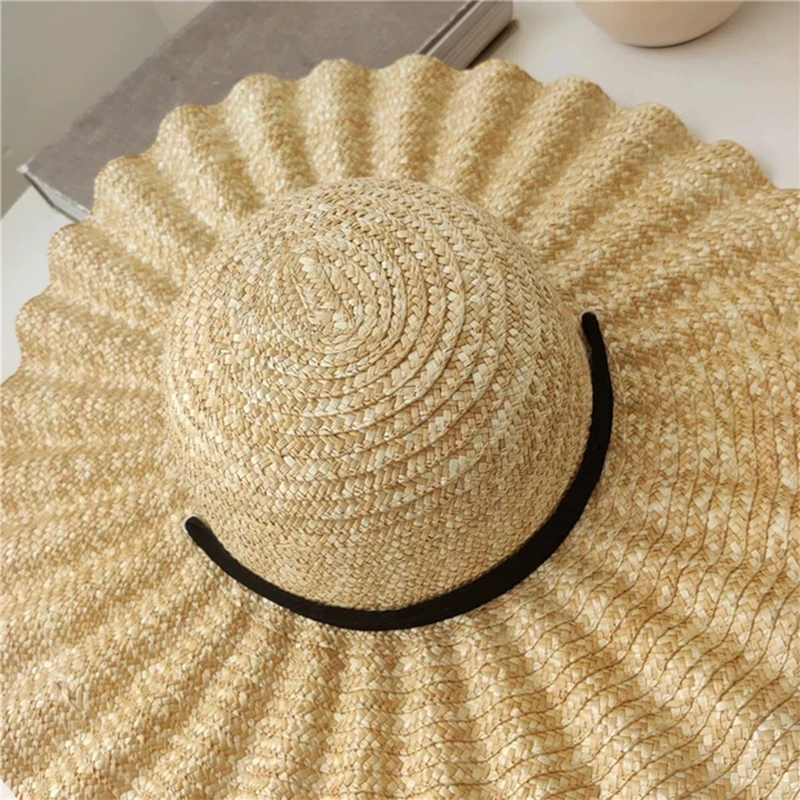 2020 New Large Brim Ribbon Straw Hat Summer Hats For Women Ribbon Beach Cap Beach hat Dome Top Sun Hat Holiday Elegant cap