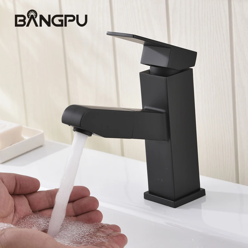 BANGPU Black Basin Sink Faucet Pull Out Faucet Single Hole Bathroom Faucet Desk Mounted