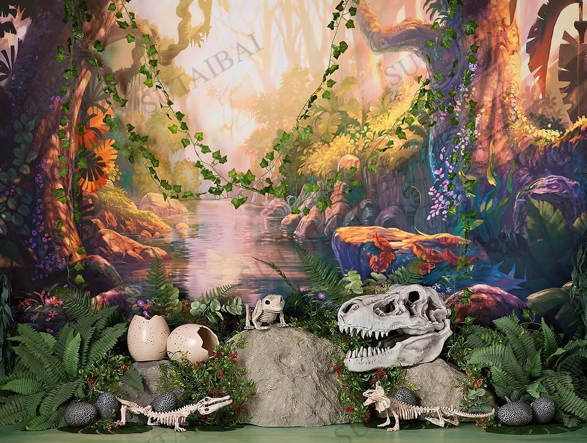 Jurassic Gates Dinosaur Children 1st Birthday Photography Backdrops Jungle Safari Photocall Background Photo Studio