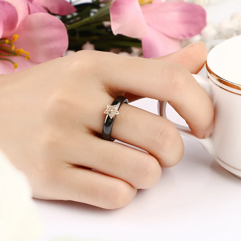 Fashion 3mm Width Ceramic Ring With Crystal Star For Women Elegant Jewelry Black White Pink Blue Smooth Ceramic Rings Gifts