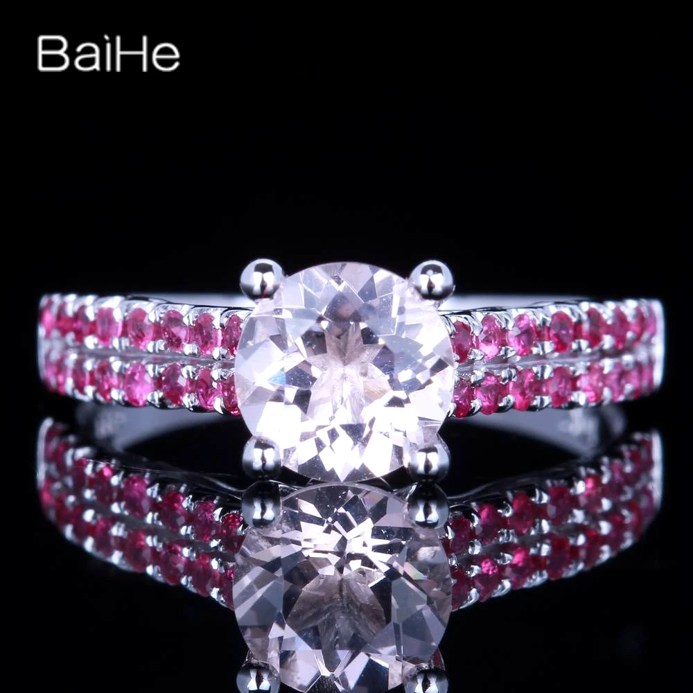 

BAIHE Solid 14K White Gold 0.76CT Pink Flawless Genuine Morganite Engagement Gift Fine Jewelry Rubies Diamonds Morganite Ring