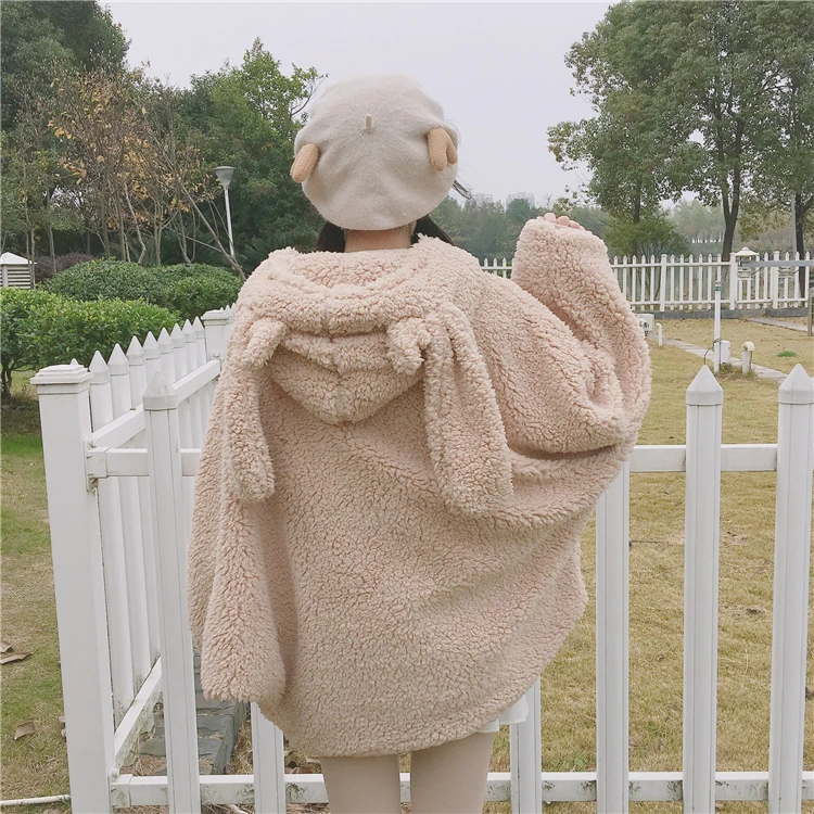 Holding your clothes corner autumn and winter 2019 new Japanese soft girl cute rabbit ears hooded plush thick coat women