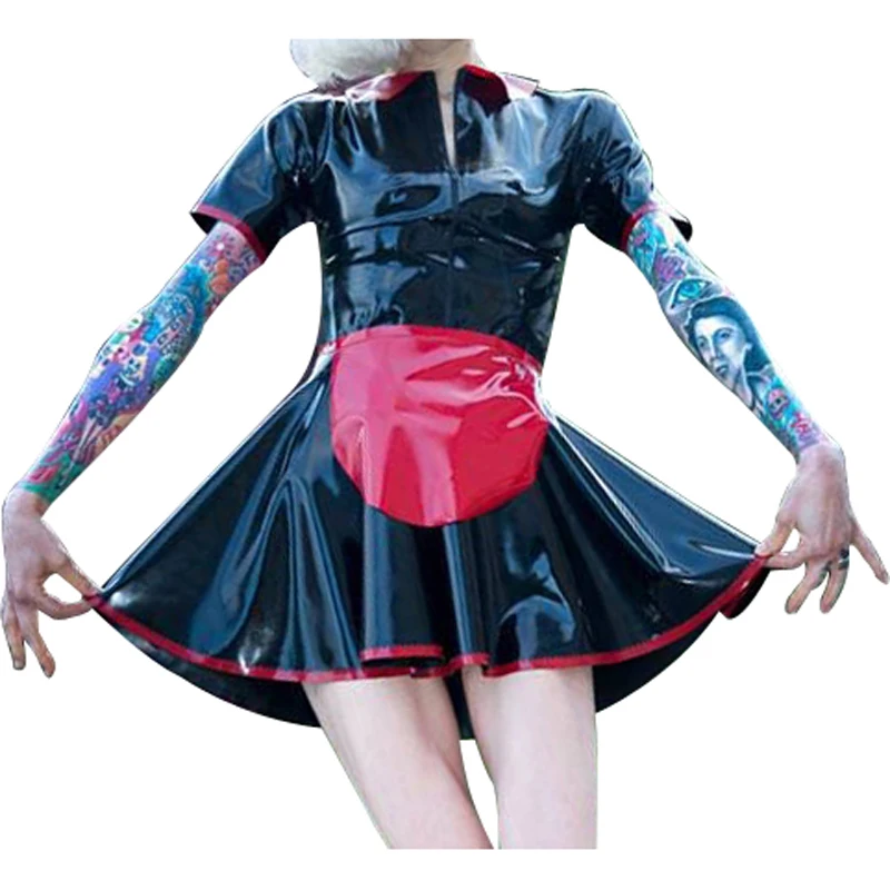 Red And Black Sexy French Maid Latex Dress With Apron Zippers Front Turn Down Collar Rubber Uniform Playsuit Bodycon LYQ-0239