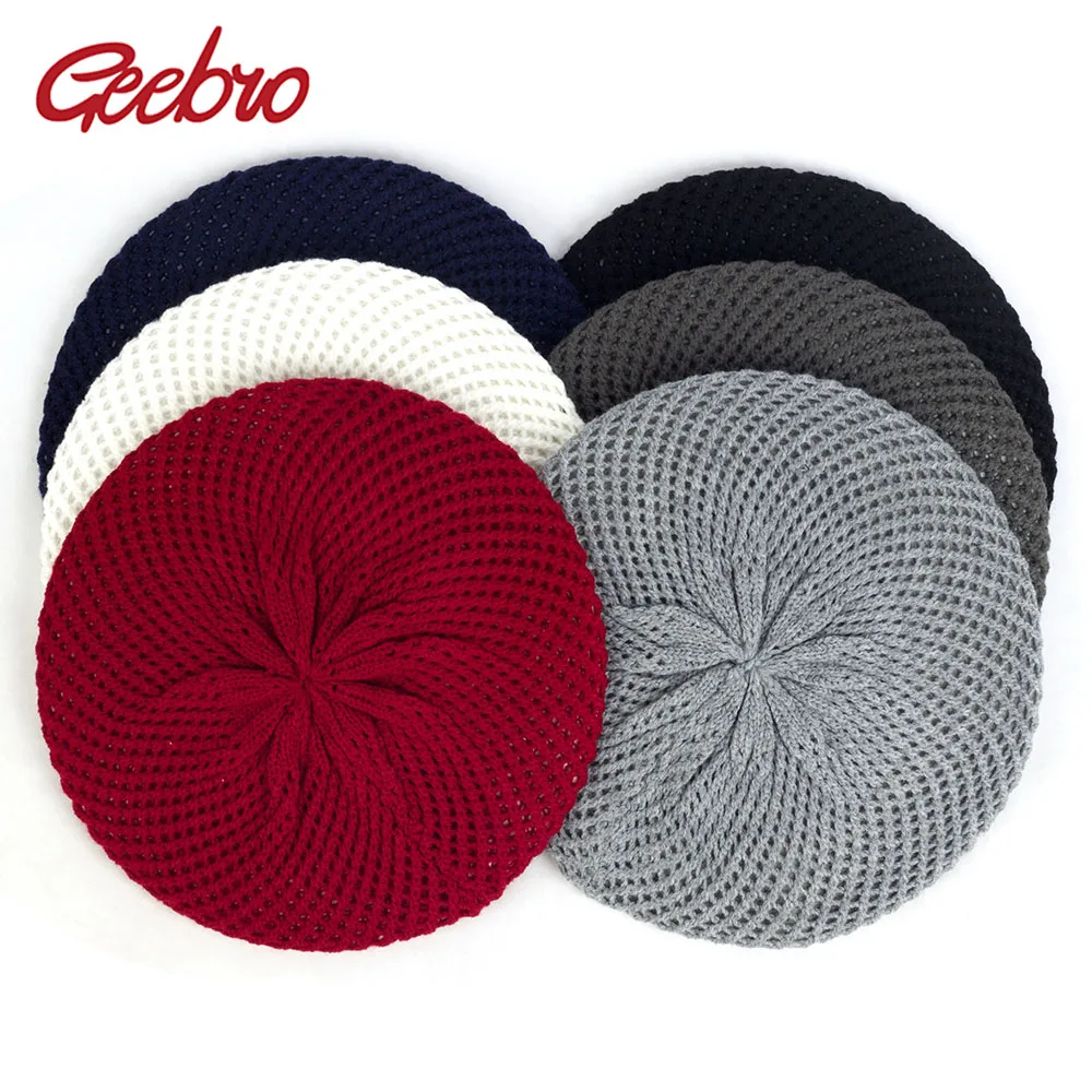 

Geebro Winter Female Knitted Soft Casual Beret Women Autumn British Retro Hollow Breathable Woolen Cap Fashion Girl Painter Hat