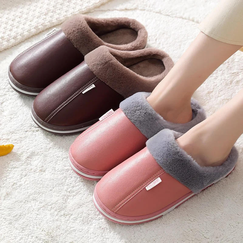 

Pop Style Cotton Slippers Women Indoor Shoes Half-Pack Plush PU Leather Slipper Men Household Winter Home Slippers