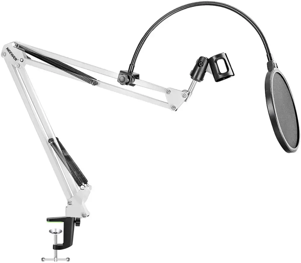 Desktop Microphone Suspension Boom Scissor Arm Stand with Microphone Clip Holder, Table Mounting Clamp and Filter Windscreen