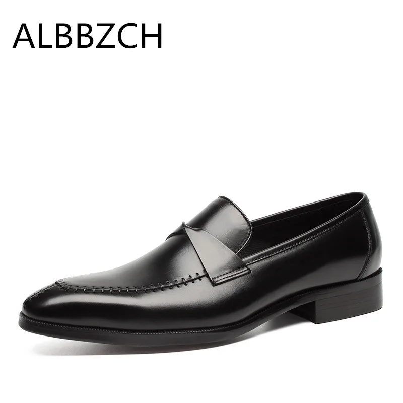 Fashion sewing Genuine Leather Business Dress Shoes Men Office Work  Pointed Toe Slip On Shoes Mens Loafres Wedding Shoes 38-44