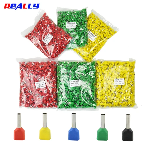 1000 Uds extremo de virola de cable conectores de cable de terminal de engarzado aislado tipo tubo de doble alambre TE0508 7508 1008 1508 2510 4012