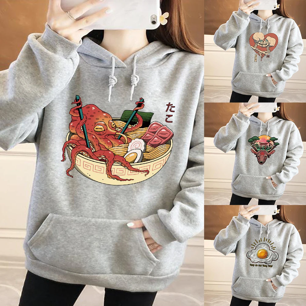 

Hooded Sweatshirts Womens Hoodie Harajuku Blouse 2021year Japanese Style Squid Longevity Noodle Print Pullover Clothing Sets