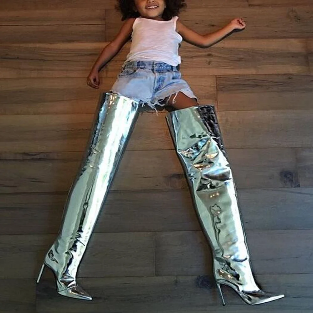 Pointed Toe Patent Leather Ankle Boots Thin High Boots Silver Gold Metallic Long Boots New Arrivals mirror effect  sexy fashion