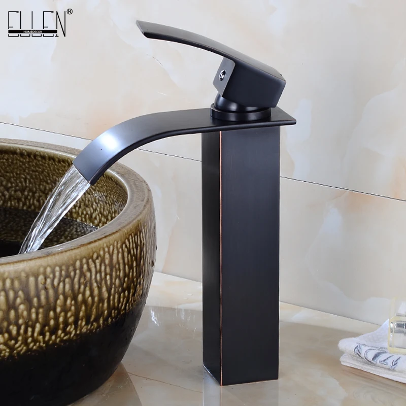 

Square Tall Bathroom Faucet Antique Bronze Deck Mounted Waterfall Hot Cold Water Crane Single Hole Single Handle Faucets ELF50HB