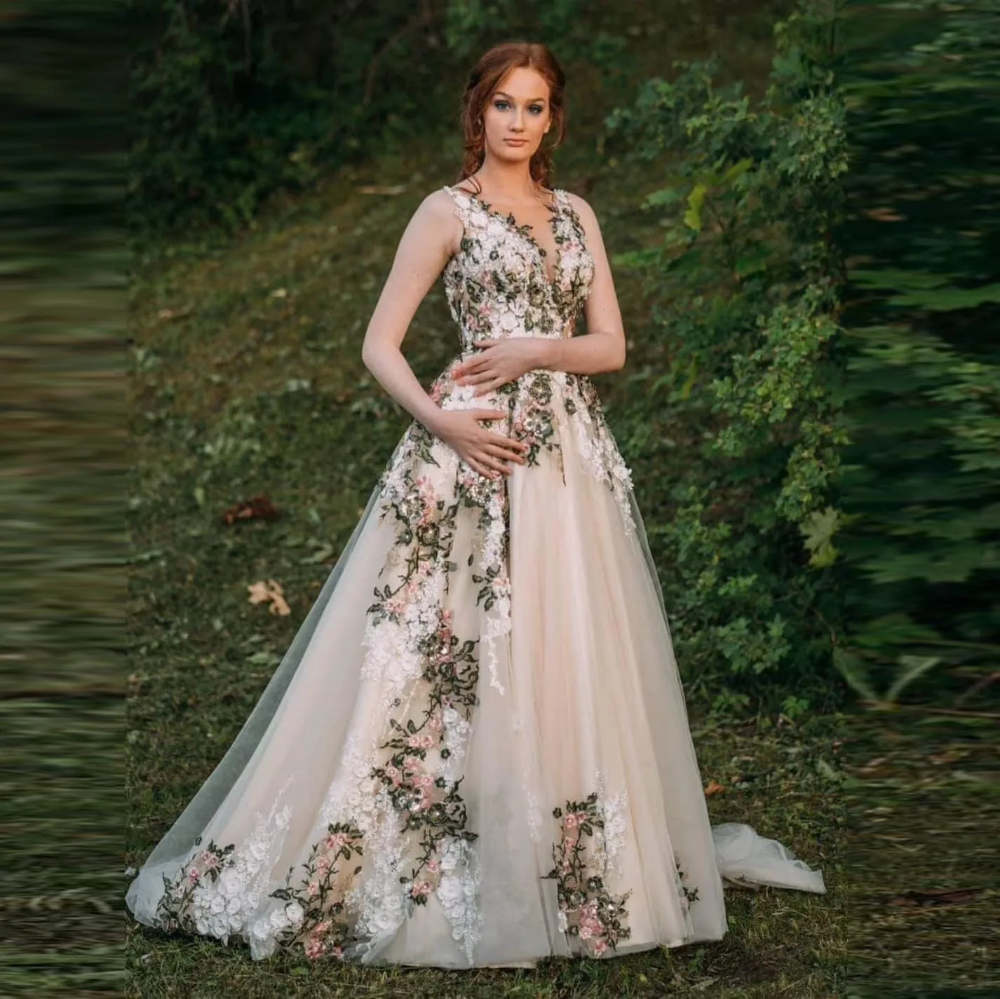 Ivory Floral Forest Wedding Dress New Design Forest Collection Transparent O-neck Sleeveless Evening Dress Long Prom Gowns