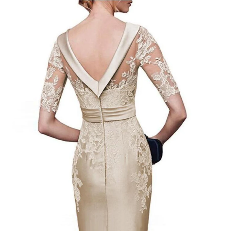 2021 neueste Elegante Nude Spitze Knie Länge O Neck Mutter der Braut Kleider Mit Halbarm Hochzeit Gast Kleider backless