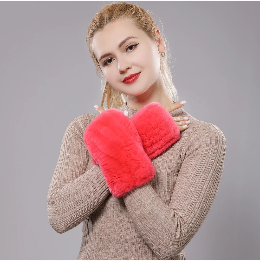 New Women 100% Real Genuine Knitted Rex Rabbit Fur Mittens Winter Warm Lady Real Fur Fingerless Gloves Handmade Knit Fur Mitten
