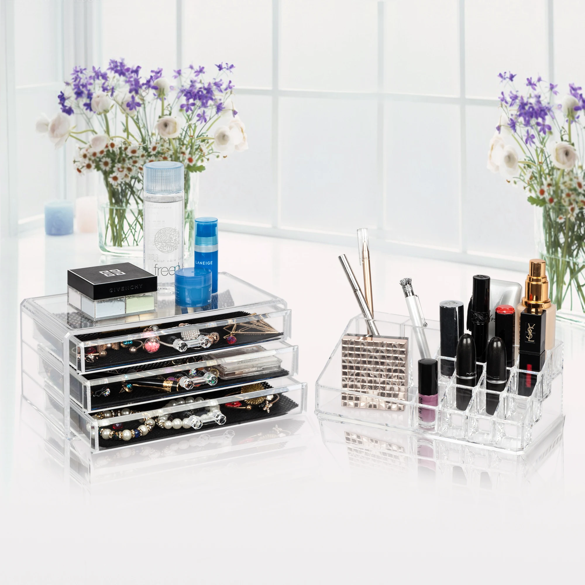 Home Use Space-saving makeup lipstick organizer with three drawers  makeup box with brush holder makeup organizer box