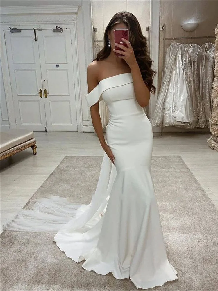 

Satin Long Mermaid Wedding Dress 2025 Off the Shoulder Strapless Short Sleeves Bridal Gowns Robe De Mariage Customized