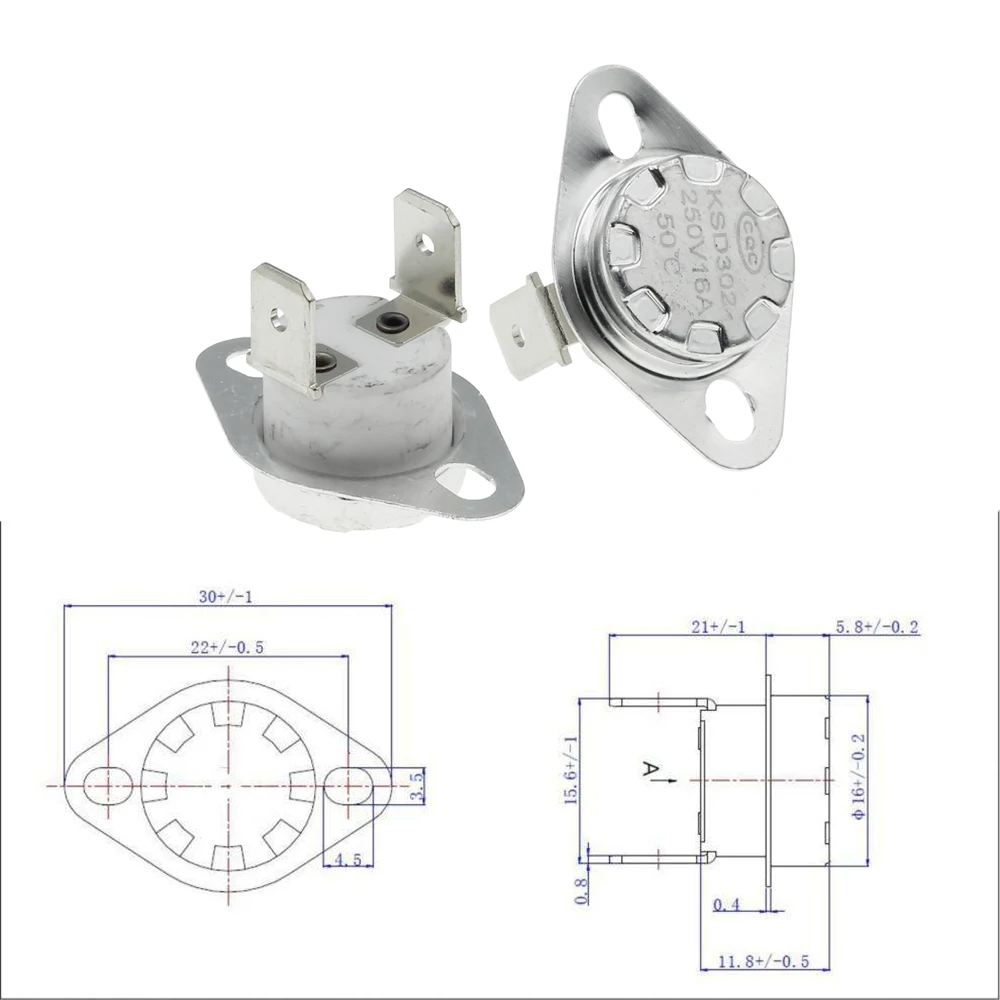 10PCS Thermostat KSD301/KSD302 40~300C Ceramics 16A250V 45C 50C 55C 60C 75C 80C 85C 90C 95C degrees Normally Closed open