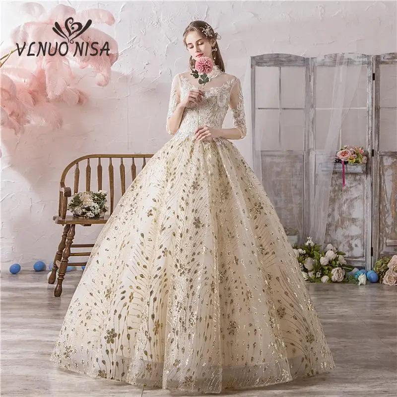 Personalizado alta pescoço champanhe meia manga vestido de casamento vintage luxo rendas bordadollioun vestido de princesa robe de mariee