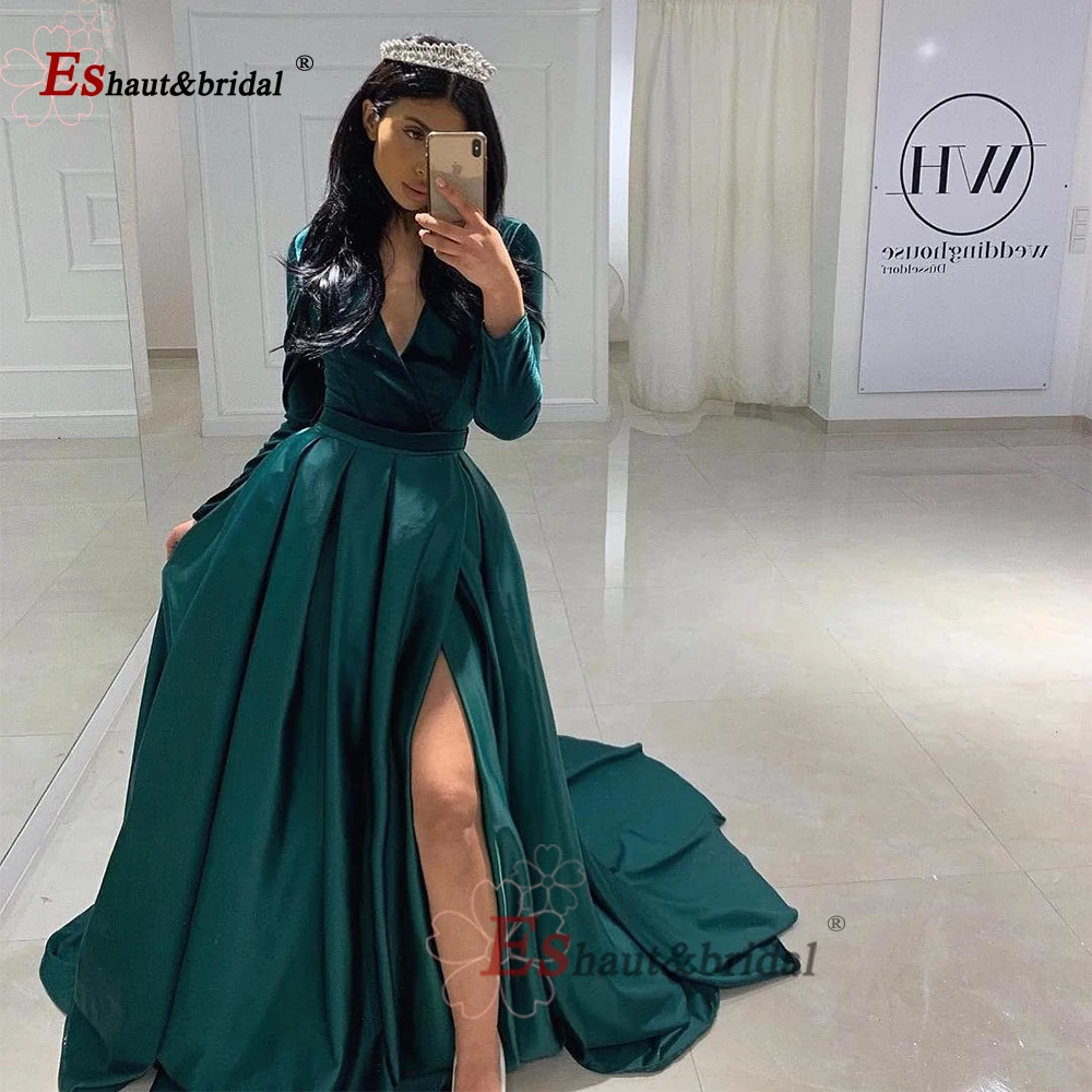 Vestido de noite feminino de veludo, elegante, mangas compridas, decote em v, cetim com fenda lateral, vestido formal, baile de casamento, 2021