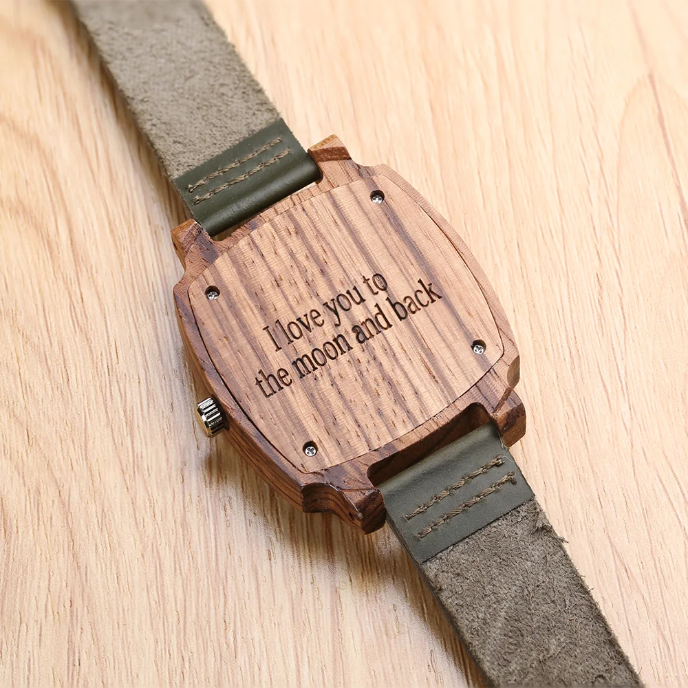 UONNEY Dropshipping Personalized Engraved Square Zebrawood Photo Watch Army Green Leather Band Anniversary Gift for Dad Beloved