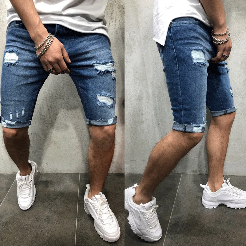 New Men Casual Shorts Fashion Jeans Short Pants Destroyed Skinny jeans Ripped Pant Frayed Denim