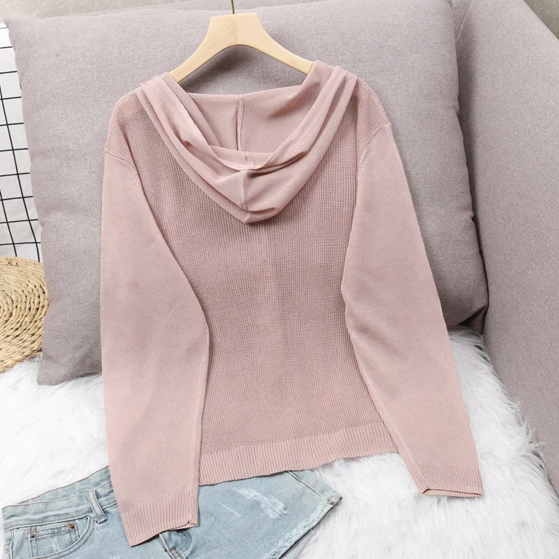 Long Sleeve Cardigan Women For Summer 2020 Knitted Cardigan Korean Button Up Hooded Jacket Ice Silk Sweater Thin Sunscreen Tops