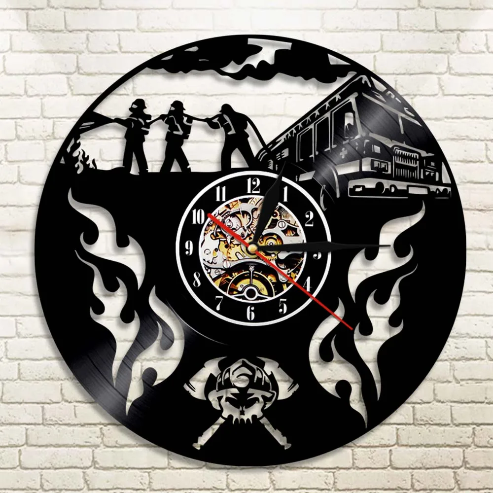 Firefighter Vinyl Record Silent Wall Clock Modern Design Fire Fighting Truck Home Decor Wall Watch For Fire Dept Firemen Gift