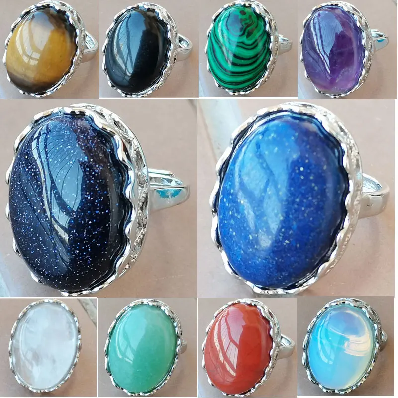 Malachite Crystal Tiger Eye Jaspe Aventruine Blue Sand Lapis Lazuli Opal Oval Women Men Bead Ring 7~12\