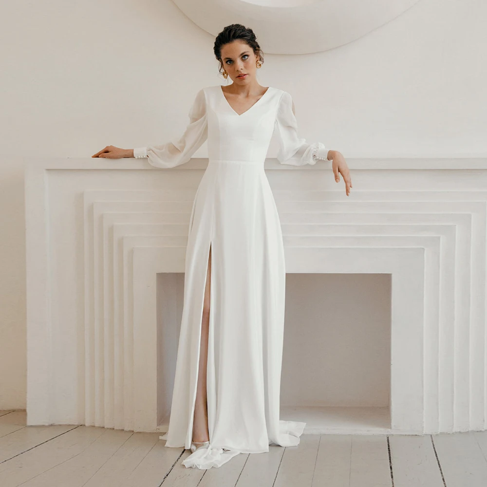 Elegante verão chiffon vestido de casamento lateral fenda mangas compridas até o chão 2022 vestido de noiva para noiva branco personalizado cor sólida